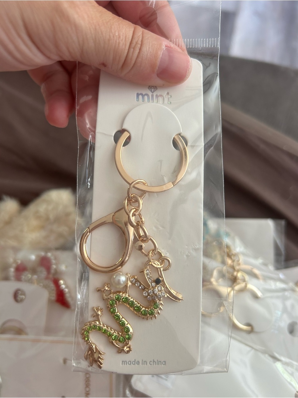 4/$50 Mint Gold-Tone Green Crystal Dragon Keychain